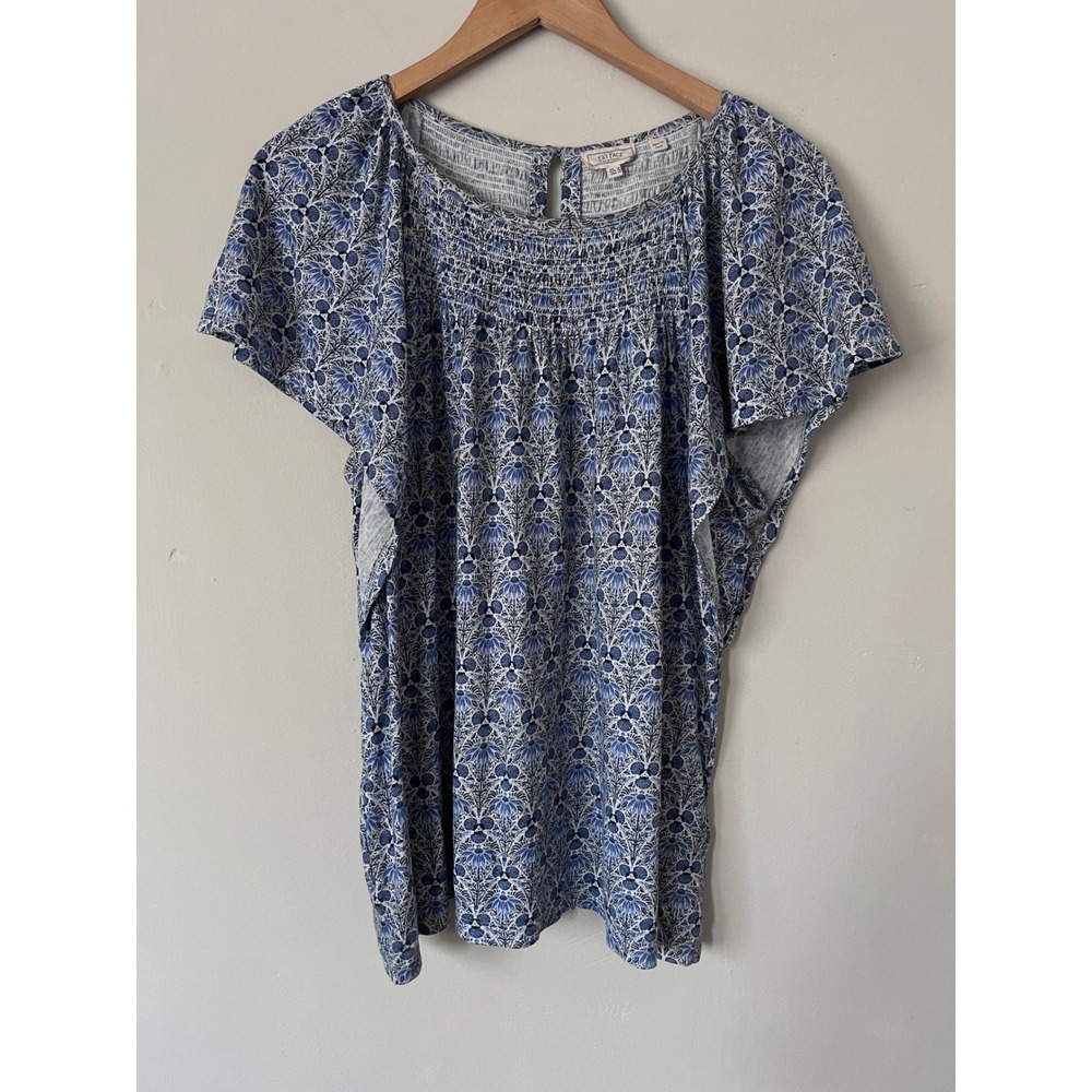 FatFace Blue Floral Smocked Yoke Blouse Short Sleeve Cotton Modal Size 14 boho